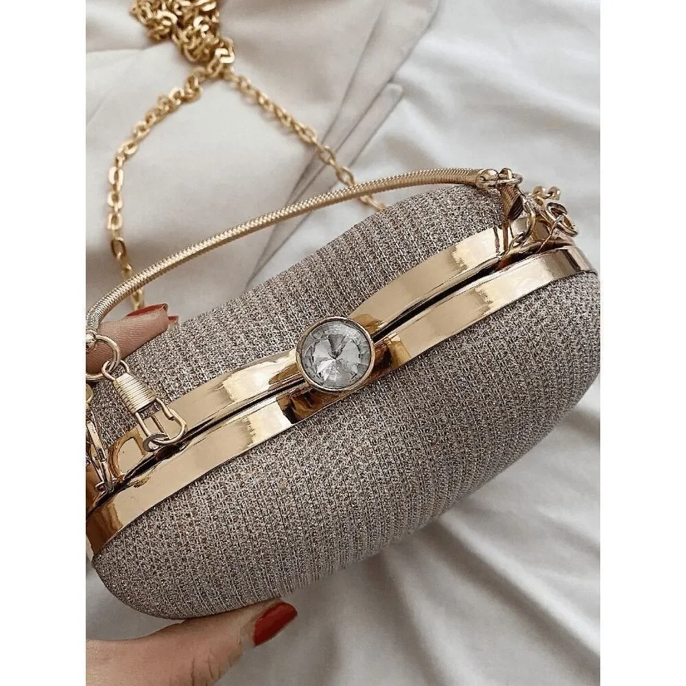 ❤️✨ Gold Sparkling Glitter Heart Shaped Top Handle Chain Clutch Purse Bag NEW